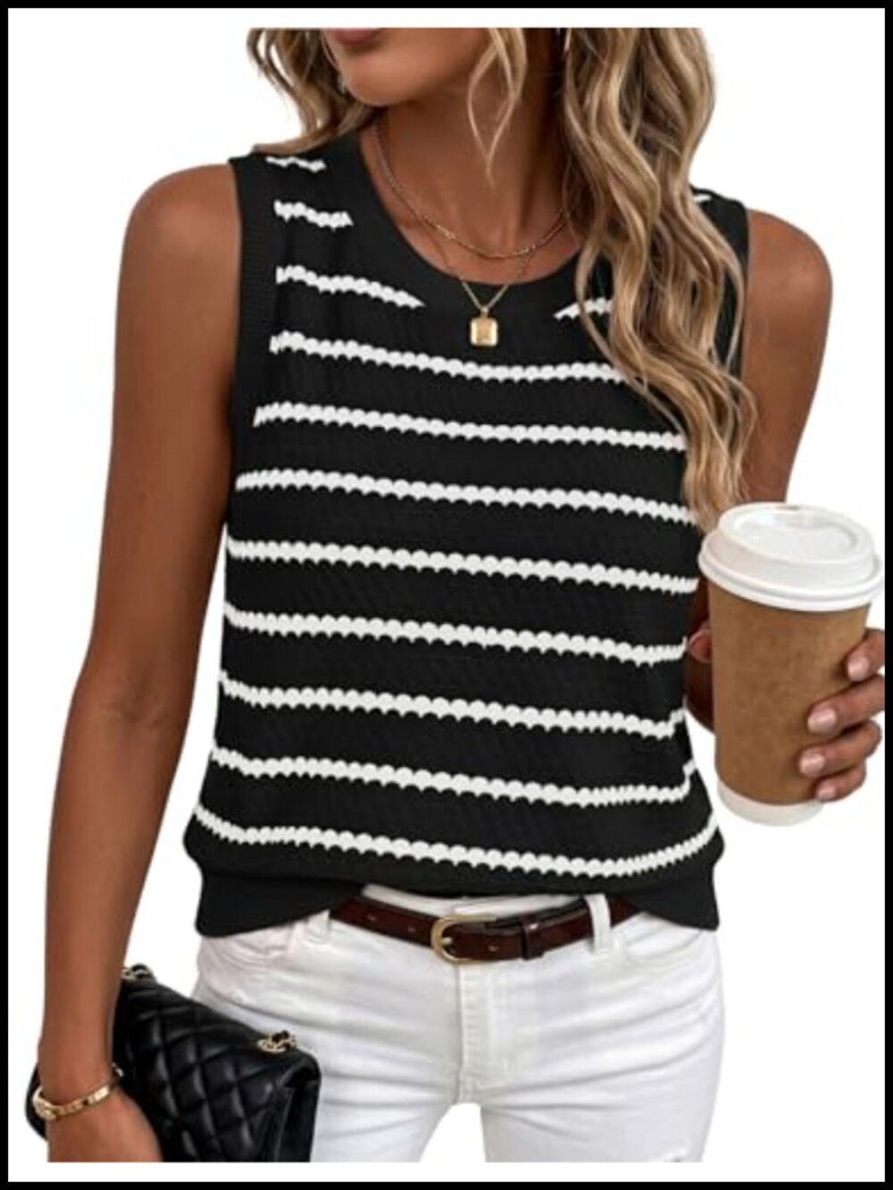 Women Sleeveless Crochet Knit Sweater Vest Top Striped Summer Layering